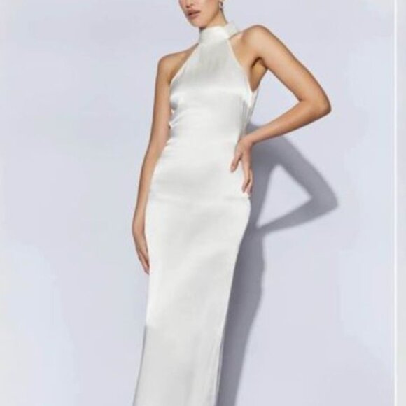 Elegant White Maxi Dress Open Back XS - Meshki Claire Satin Drape Halter Neck - Picture 2 of 11